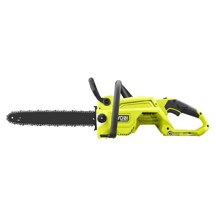 Ryobi Max Power Akku-Kettensäge RY36CSX40C - 36 V, Li-Ionen, Ohne Akku, Schwertlänge: 40 cm - Neongrüne und schwarze Elektrokettensäge mit langem schwarzem Schwert und ergonomischen Griffen.
