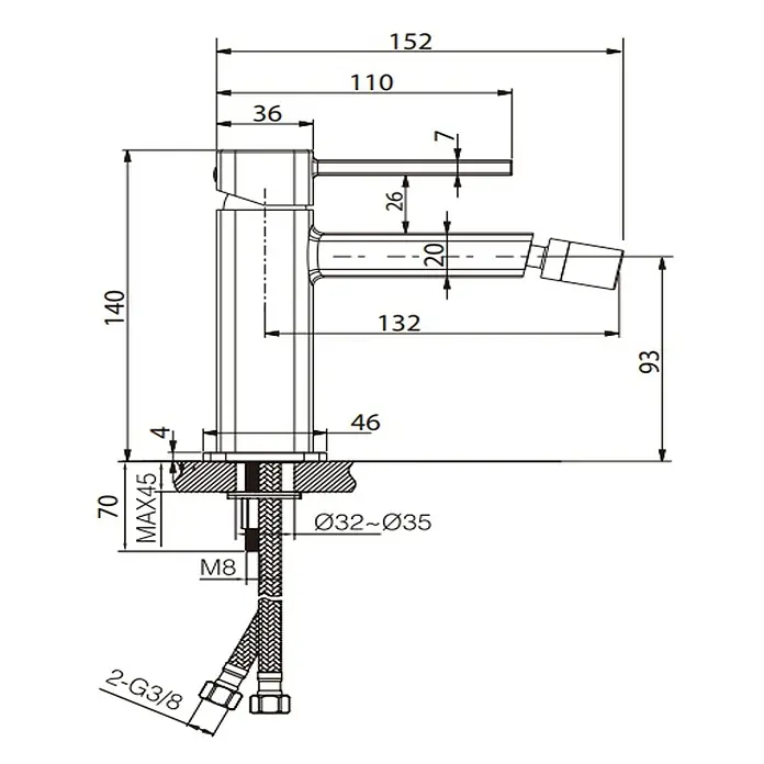 Camargue Bolonia Grifo monomando de bidé - Cromo, Bidé - Dibujo técnico de un grifo monomando de lavabo con dimensiones, detalles de montaje y conexiones de agua.