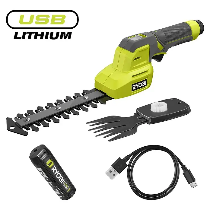 Ryobi Akku-Gras- & Strauchschere RY4CGSA-120 - Li-Ionen, 1 Akku - Ryobi USB Lithium Akku-Heckenschere Set: limettengrüne und dunkelgraue Schere mit zwei Klingen, Akku und USB-Ladekabel.