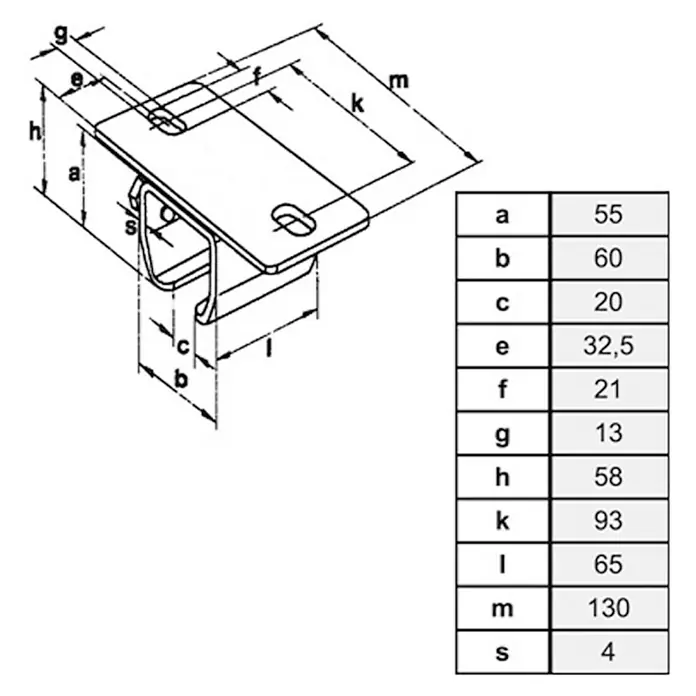 HBS Betz Deckenmuffe Typ 40 - Stahl, Länge: 130 mm - Technische Zeichnung einer Metallschelle mit Maßangaben. Die Schelle ist detailliert dargestellt, inklusive aller relevanten Maße.