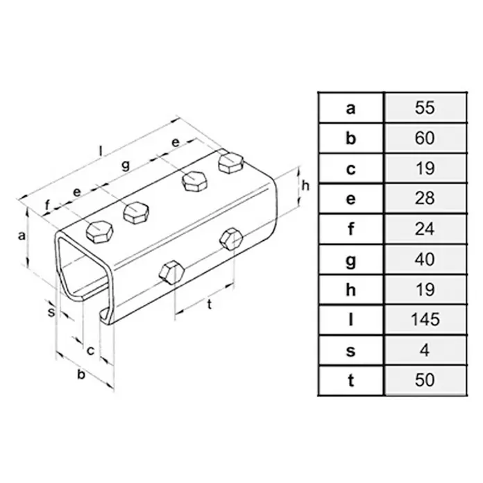 HBS Betz Verbindungsmuffe Typ 40 - Stahl, Länge: 143 mm - Eine technische Zeichnung einer Rohrverbinder-Klemme mit Bemaßungen und zugehöriger Tabelle.
