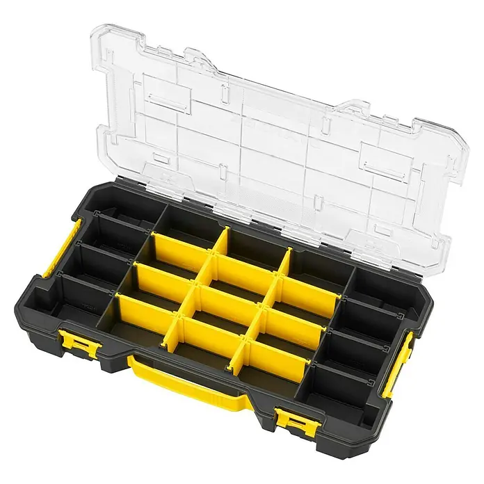 Stanley FatMax Estuche para piezas pequeñas Pro-Stack™ FMST17838-1 - An x Pr x Al: 438 x 245 x 70 mm, Número de compartimentos: 20 ud. - Organizador de piezas pequeñas negro y amarillo con tapa transparente abisagrada y compartimentos ajustables.