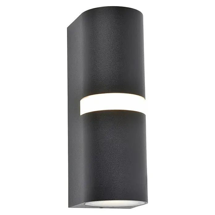 Lutec Aplique exterior Mika - 14 W, L x An x Al: 6,8 x 7,9 x 19 cm, IP54 - Aplique de pared cilíndrico gris oscuro texturizado con banda luminosa horizontal y base iluminada.