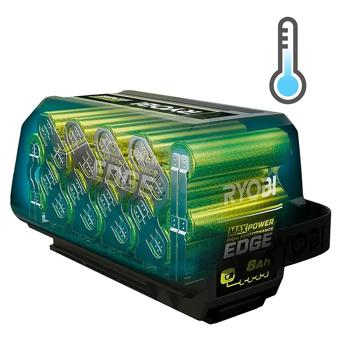 Ryobi Max Power Akku RY36BET80A - 36 V, 8 Ah, Li-Ionen - Ryobi Max Power Edge 8Ah Akku mit transparentem Gehäuse, das interne grüne Zellen und Schaltkreise sowie ein Kühlsymbol zeigt.