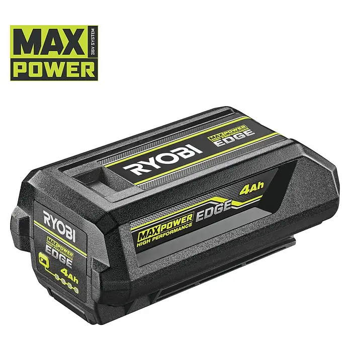 Ryobi Max Power Akku RY36BET40A - 36 V, 4 Ah, Li-Ionen - Eine schwarze Ryobi MAX POWER 36V 4Ah EDGE Hochleistungsbatterie mit gelbem und weißem Branding.