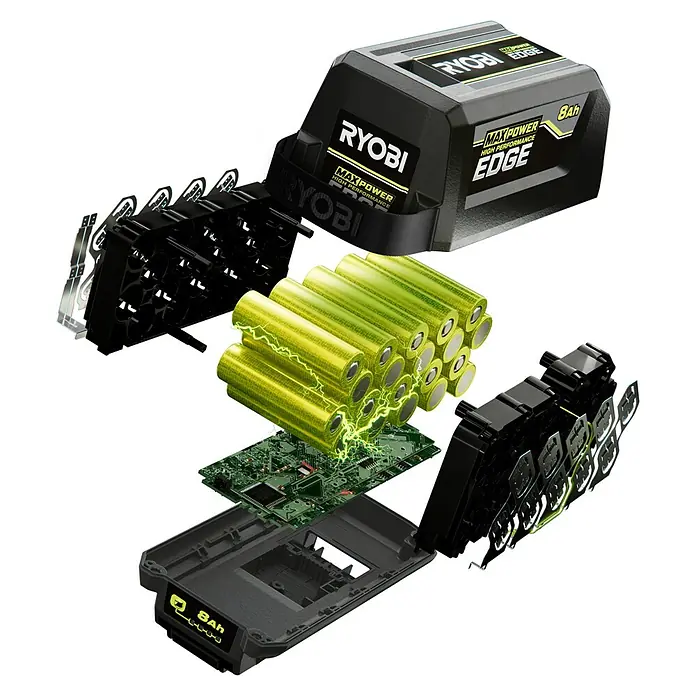 Ryobi Max Power Akku RY36BET80A - 36 V, 8 Ah, Li-Ionen - Explosionszeichnung eines schwarzen Ryobi 8Ah Akkus, zeigt interne grüne Zellen, Platine und Gehäuse für hohe Leistung.