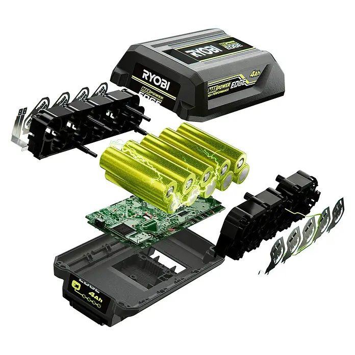 Ryobi Max Power Akku RY36BET40A - 36 V, 4 Ah, Li-Ionen - Explosionszeichnung eines Ryobi MAXPOWER EDGE 4Ah Akkus, zeigt schwarzes Gehäuse, grüne Platine, gelbe Zellen mit Bögen und schwarze Zellhalter.