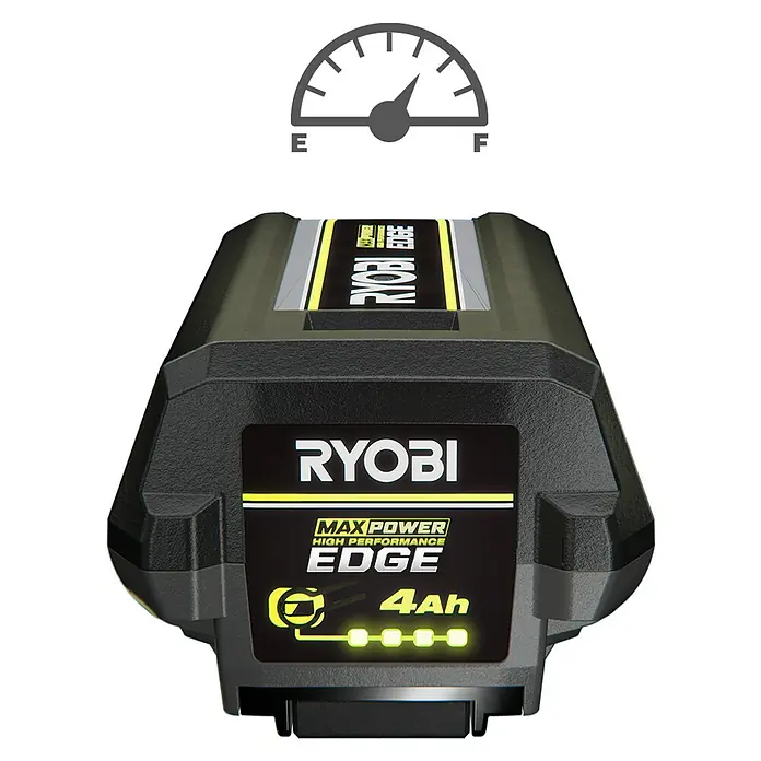 Ryobi Max Power Akku RY36BET40A - 36 V, 4 Ah, Li-Ionen - Schwarzer Ryobi MAX POWER EDGE 4Ah Akku mit gelben Akzenten und voller Ladeanzeige.