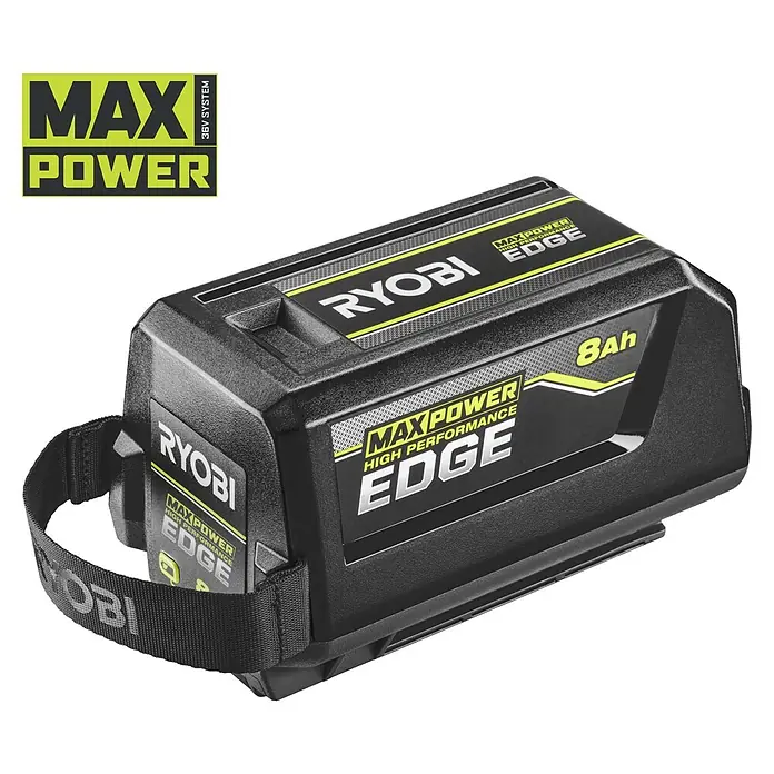 Ryobi Max Power Akku RY36BET80A - 36 V, 8 Ah, Li-Ionen - Schwarzer Ryobi MAX POWER EDGE 8Ah Hochleistungsakku mit gelben und weißen Markierungen und einem schwarzen Stoffriemen.