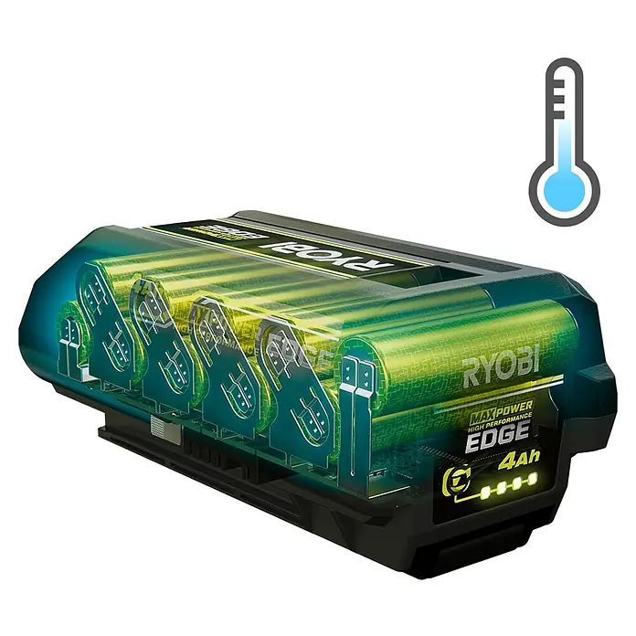 Ryobi Max Power Akku RY36BET40A - 36 V, 4 Ah, Li-Ionen - Transparente Ansicht einer schwarzen Ryobi MAX POWER EDGE 4Ah Batterie mit grünen Zellen und Schaltkreisen, dazu ein Kältethermometer-Symbol.