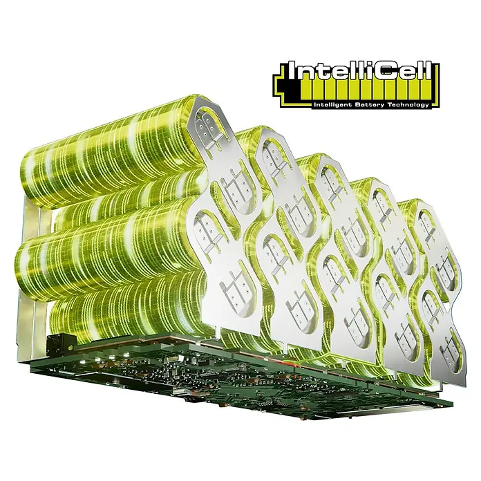 Ryobi Max Power Akku RY36BET80A - 36 V, 8 Ah, Li-Ionen - IntelliCell Akkupack mit durchsichtigen gelb-grünen zylindrischen Zellen, Metallanschlüssen und grüner Platine.