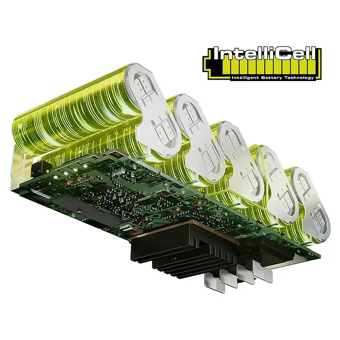 Ryobi Max Power Akku RY36BET40A - 36 V, 4 Ah, Li-Ionen - IntelliCell Akkupack mit grünen zylindrischen Zellen, Leiterplatte und Kühlkörper.