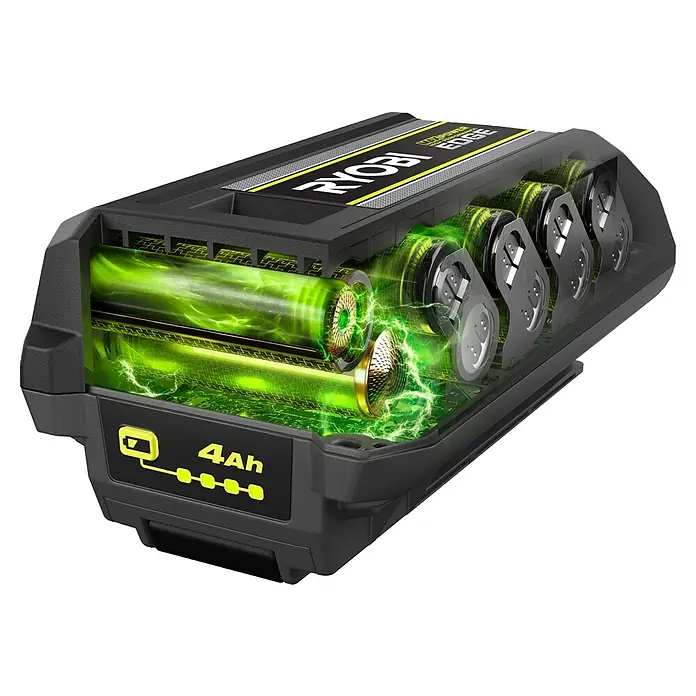 Ryobi Max Power Akku RY36BET40A - 36 V, 4 Ah, Li-Ionen - Ryobi MAXPOWER EDGE 4Ah Akku mit transparentem Schnittbild, das leuchtend grüne interne Zellen und Schaltkreise zeigt.