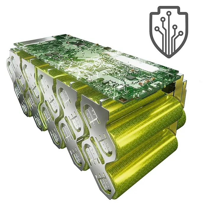 Ryobi Max Power Akku RY36BET80A - 36 V, 8 Ah, Li-Ionen - Intelligenter Akkupack mit grüner Platine, gelben Zylinderzellen und Metallverbindern.