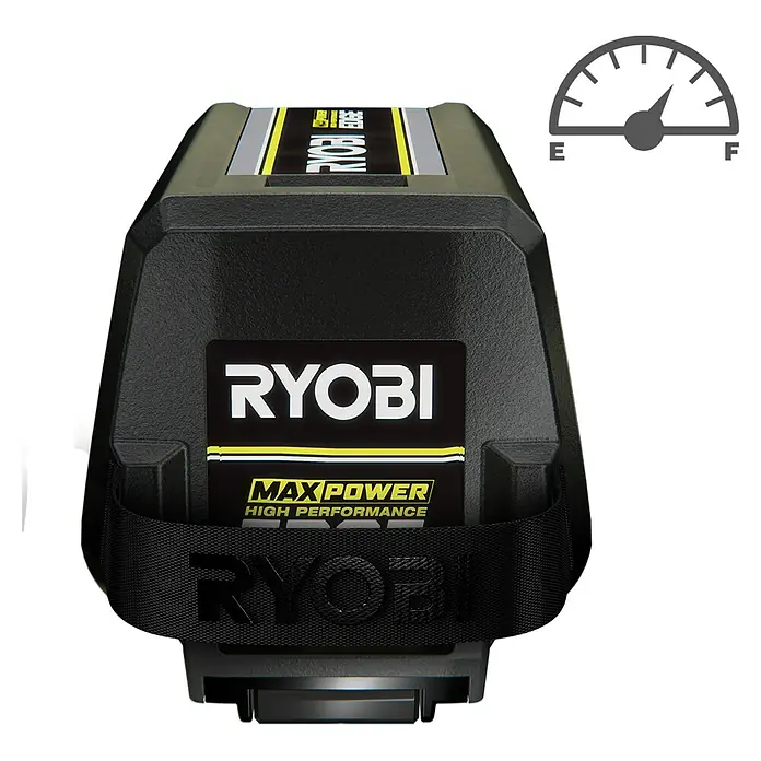 Ryobi Max Power Akku RY36BET80A - 36 V, 8 Ah, Li-Ionen - Schwarzer Ryobi MAX POWER Hochleistungsakku mit Kraftstoffanzeige-Symbol, das eine teilweise Ladung anzeigt.