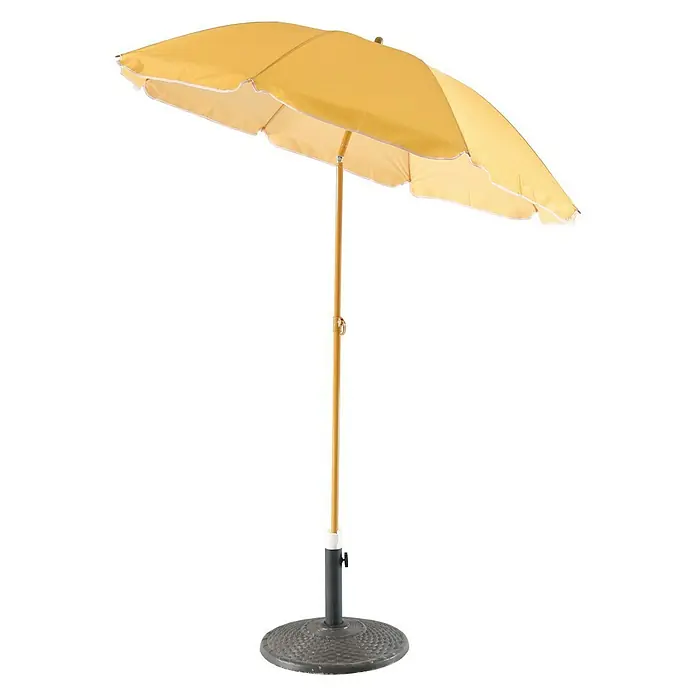 Sunfun Strandschirm - Gelb/Orange, Durchmesser Bespannung: 180 cm - Sonnenschirm in Gelb mit weißem Rand und einem stabilen, dunklen Sockel für den Garten oder die Terrasse.