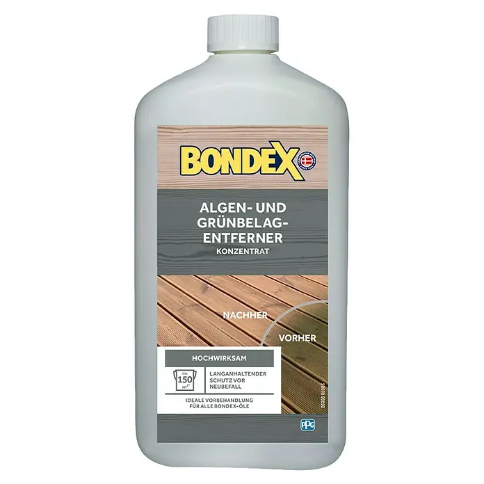 Bondex Algen- & Grünbelagsentferner - 1 l, Farblos - Weiße Bondex Algen- und Grünbelagentferner Konzentratflasche. Effektive Formel schützt Holz und bietet langanhaltenden Schutz.