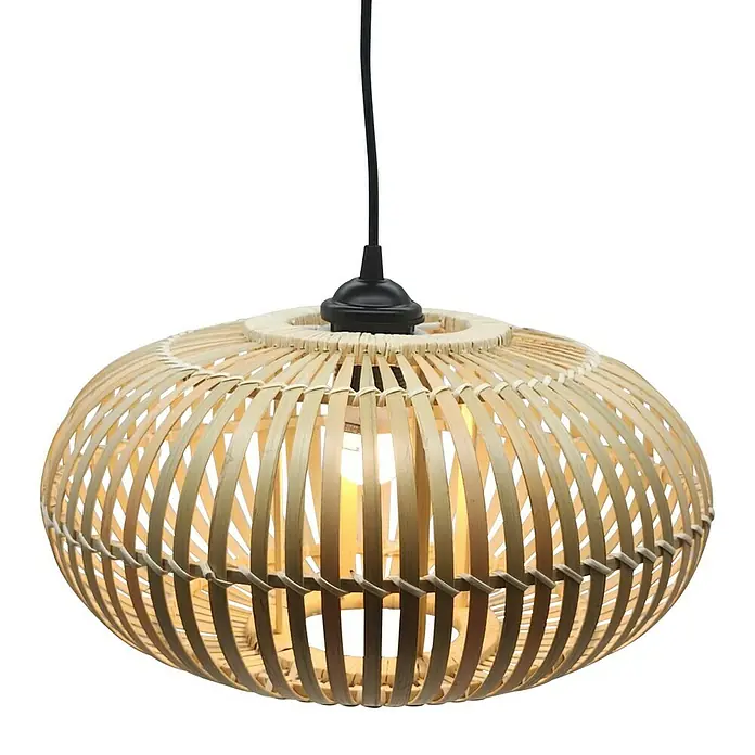 Sunfun Lámpara colgante redonda Bali - Ø x Al: 36 x 20 cm, Bambú - Lámpara colgante ovalada de bambú con bombilla visible, suspendida por cable negro.