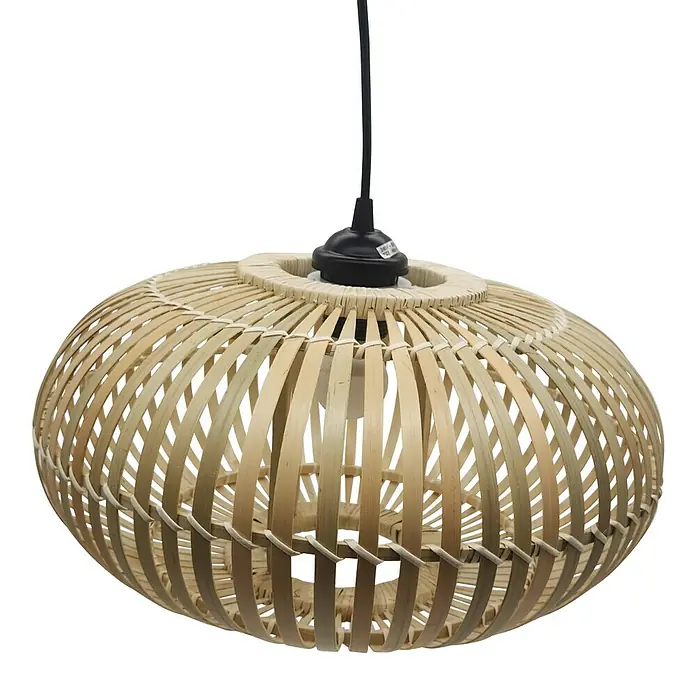 Sunfun Lámpara colgante redonda Bali - Ø x Al: 36 x 20 cm, Bambú - Pantalla de lámpara colgante de bambú natural tejida con cable negro y bombilla visible.