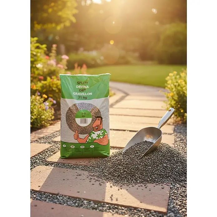 Splitt - Körnung: 1 mm - 3 mm - Sack mit dunkelgrauem Kies (1-3mm, 25kg) und Schaufel auf einem Gartenweg.