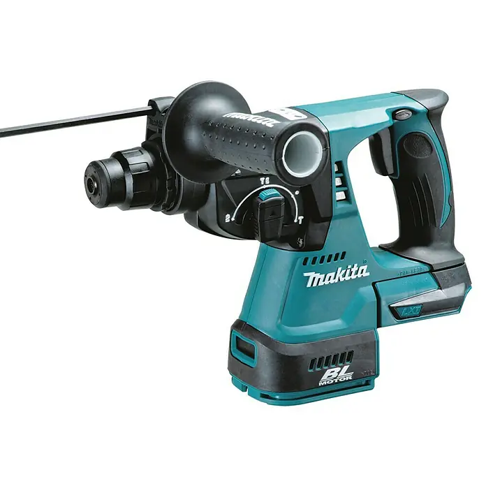 Makita LXT 18V Martillo combinado de batería DHR242Z - 18 V, Sin batería, 2 J, Número máx. de impactos: 4.700 /min - Taladro percutor inalámbrico Makita turquesa y negro con empuñadura auxiliar y varilla de profundidad.