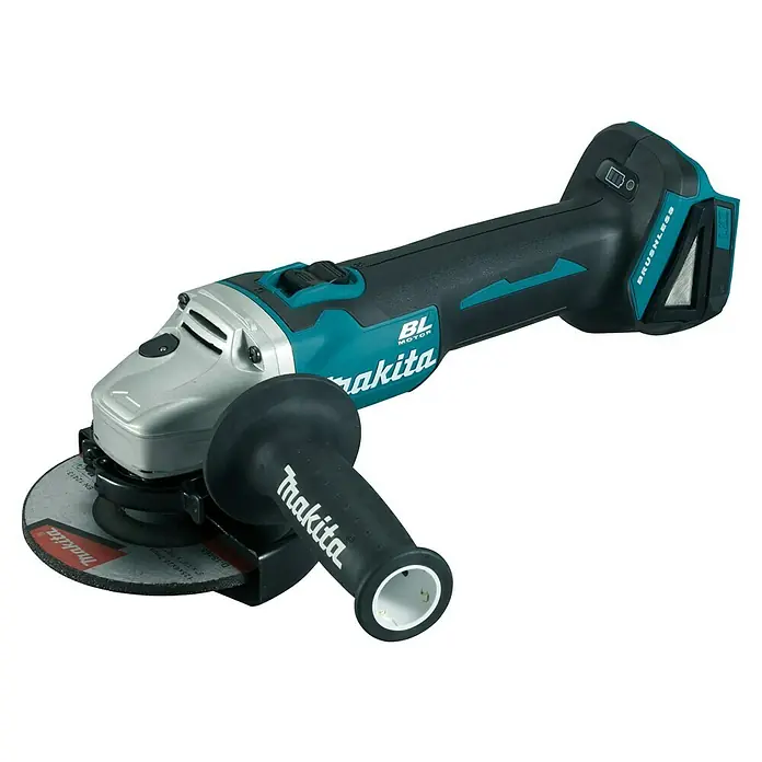 Makita LXT 18V Amoladora angular de batería DGA504Z - 18 V, Iones de litio, Sin batería, Diámetro disco: 125 mm - Amoladora angular inalámbrica Makita en negro y turquesa con cabezal plateado y disco de corte.