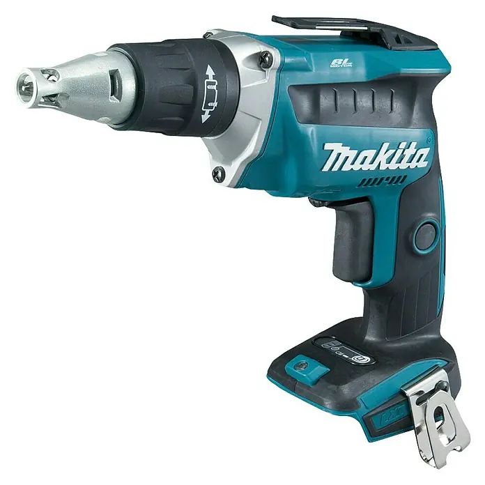 Makita LXT 18V Atornillador para placas de yeso de batería DFS452Z - 18 V, Sin batería, 0 Nm - Atornillador de pladur inalámbrico Makita en turquesa y negro con punta plateada y clip para cinturón.