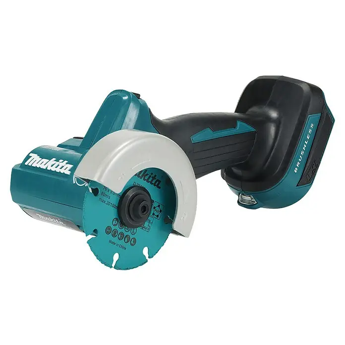 Makita LXT 18V Amoladora angular de batería DMC300Z - 18 V, Sin batería - Amoladora angular inalámbrica Makita con carcasa turquesa y negra, protector de hoja plateado y disco de corte.