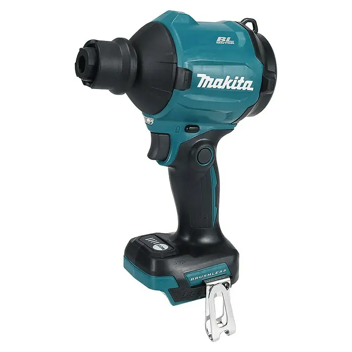 Makita LXT 18V Soplador de batería - 18 V, Sin batería, 200 mm/s - Taladro de impacto inalámbrico Makita turquesa y negro con clip para cinturón en la batería.