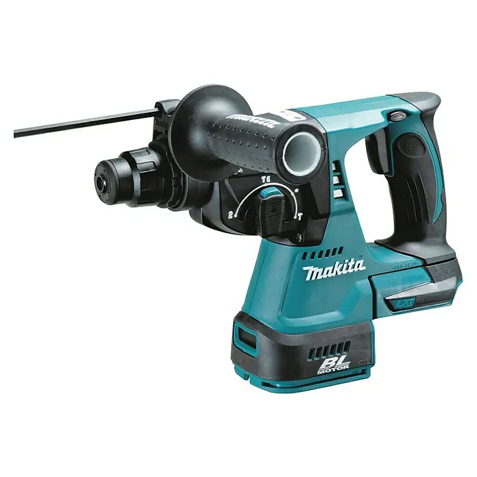 Makita LXT 18V Martillo combinado de batería DHR242Z - 18 V, Sin batería, 2 J, Número máx. de impactos: 4.700 /min - Taladro percutor Makita turquesa y negro, inalámbrico, con empuñadura auxiliar y tope de profundidad.