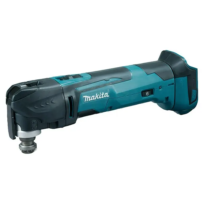 Makita LXT 18V Herramienta rotativa a batería - 18 V, Iones de litio, Sin batería - Herramienta multifunción oscilante Makita turquesa y negra, con dial de velocidad y pinza de accesorios sin herramientas.
