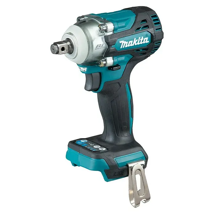 Makita LXT 18V Llave de impacto de batería DTW300Z - 18 V, Sin batería, 330 Nm, Número máx. de impactos: 4.000 /min - Llave de impacto inalámbrica Makita turquesa y negra con cuadradillo y clip de cinturón metálico.