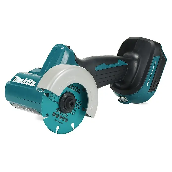 Makita LXT 18V Amoladora angular de batería DMC300Z - 18 V, Sin batería - Herramienta de corte sin cable Makita turquesa y negra con disco de corte y la inscripción "BRUSHLESS" en el mango.