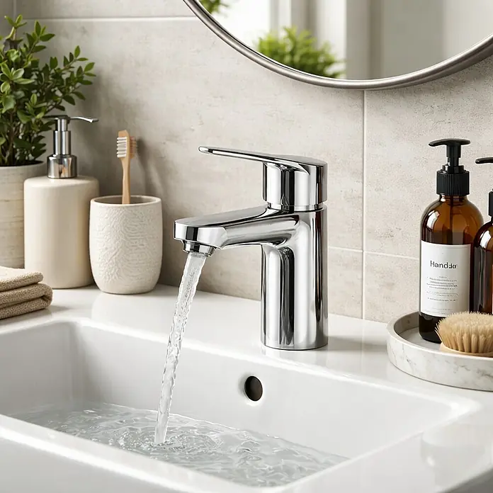 Cosmobath Grifo de lavabo Merrit - Cromo, Brillante - Grifo cromado brillante con agua corriendo en un moderno lavabo blanco.