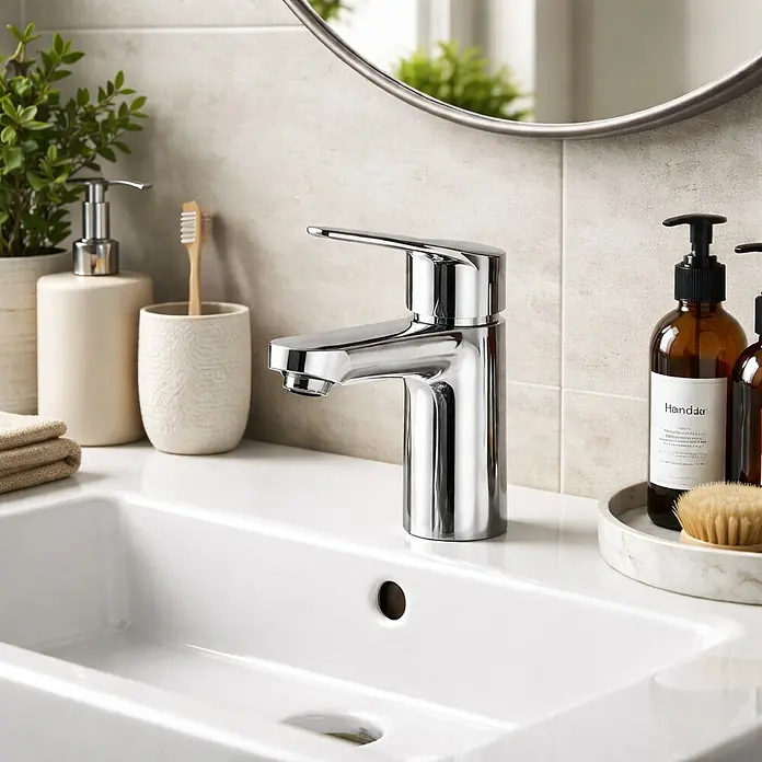 Cosmobath Grifo de lavabo Merrit - Cromo, Brillante - Grifo de baño cromado instalado en un lavabo blanco.