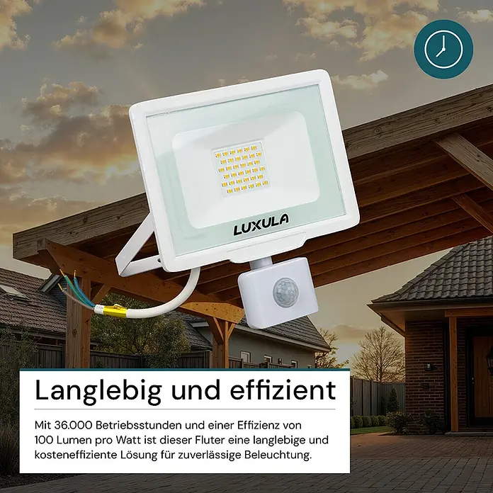 Luxula LED-Sensor-Strahler - 30 W, 3.000 lm, 4.000 K, L x B x H: 18,7 x 4,5 x 21 cm, IP65