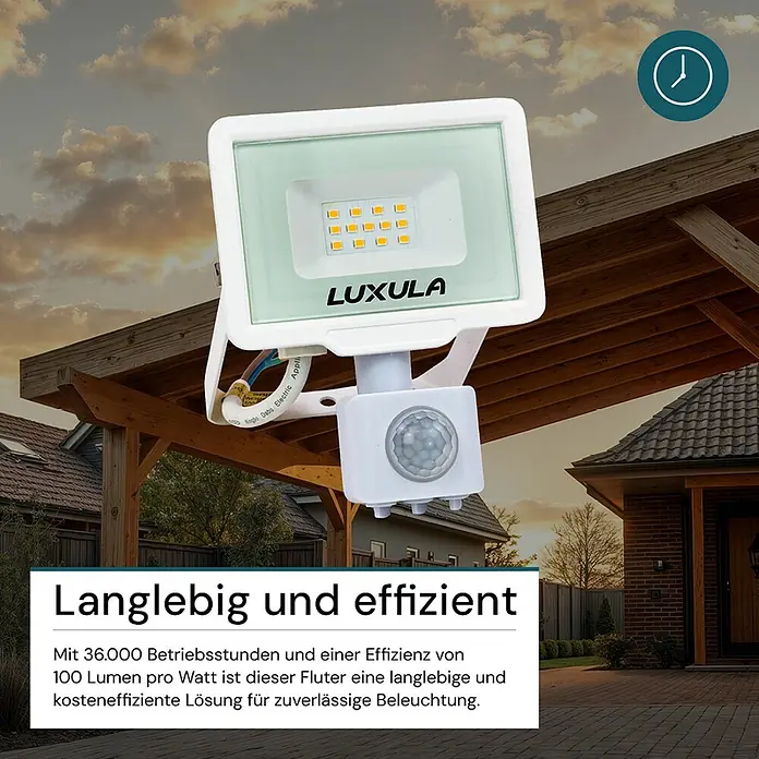Luxula LED-Sensor-Strahler - 10 W, 1.000 lm, 4.000 K, L x B x H: 10,8 x 5,5 x 15,5 cm, IP65