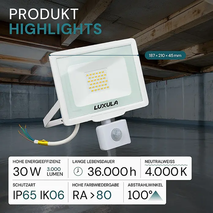Luxula LED-Sensor-Strahler - 30 W, 3.000 lm, 4.000 K, L x B x H: 18,7 x 4,5 x 21 cm, IP65