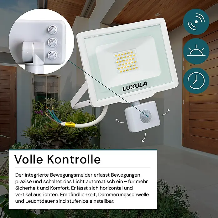 Luxula LED-Sensor-Strahler - 30 W, 3.000 lm, 4.000 K, L x B x H: 18,7 x 4,5 x 21 cm, IP65
