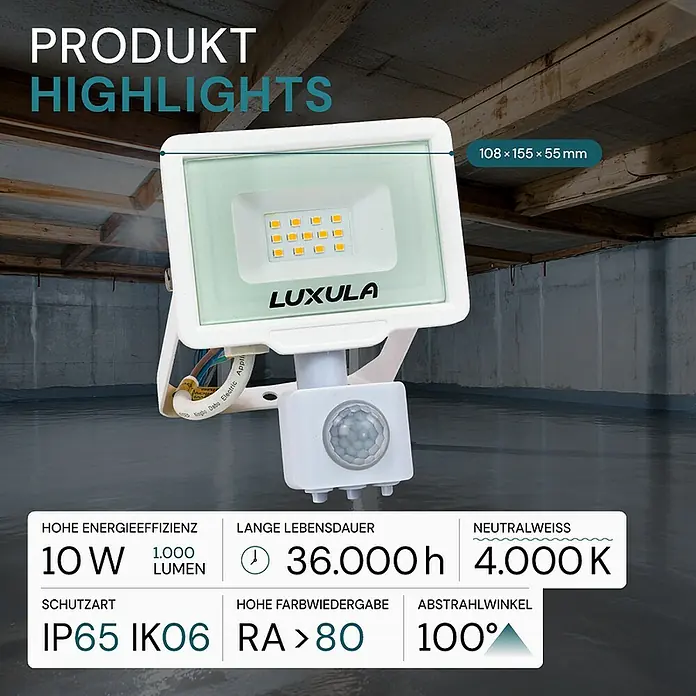 Luxula LED-Sensor-Strahler - 10 W, 1.000 lm, 4.000 K, L x B x H: 10,8 x 5,5 x 15,5 cm, IP65