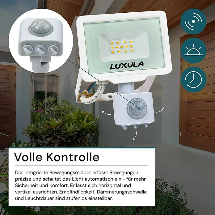 Luxula LED-Sensor-Strahler - 10 W, 1.000 lm, 4.000 K, L x B x H: 10,8 x 5,5 x 15,5 cm, IP65