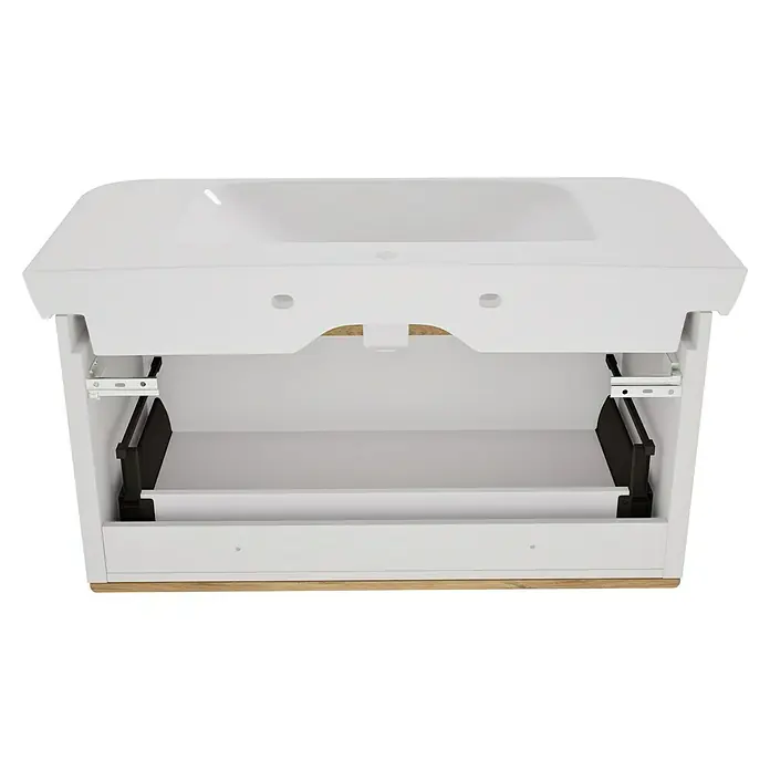 VitrA Sento Badmöbel-Set Sento - 98 cm, Weiß, Griffmulde - Weißer Waschtisch mit integriertem Waschbecken und offener Schublade, die das Innere und den Holzsockel zeigt.