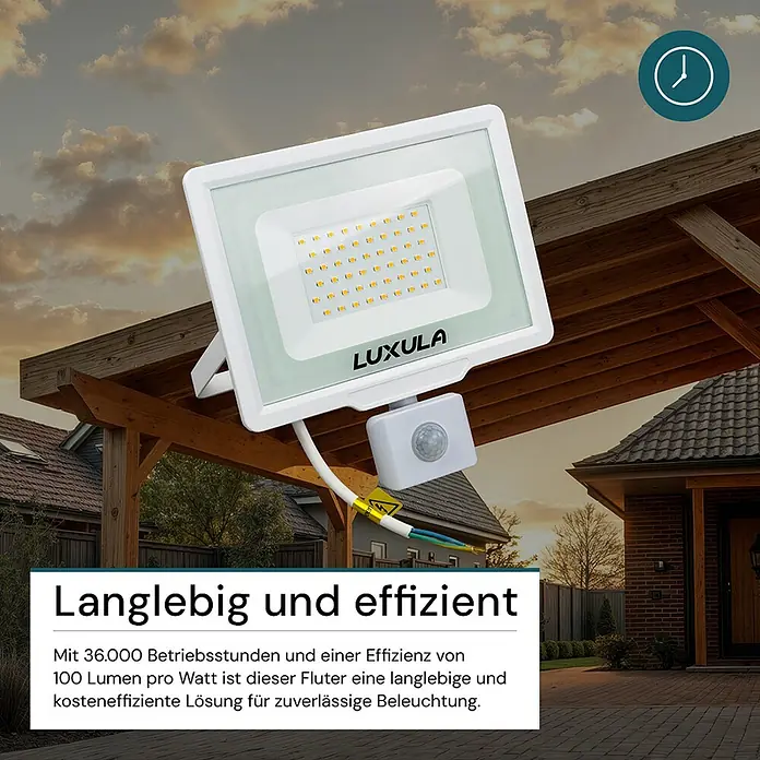Luxula LED-Sensor-Strahler - 50 W, 5.000 lm, 4.000 K, L x B x H: 21,7 x 4,5 x 23 cm, IP65