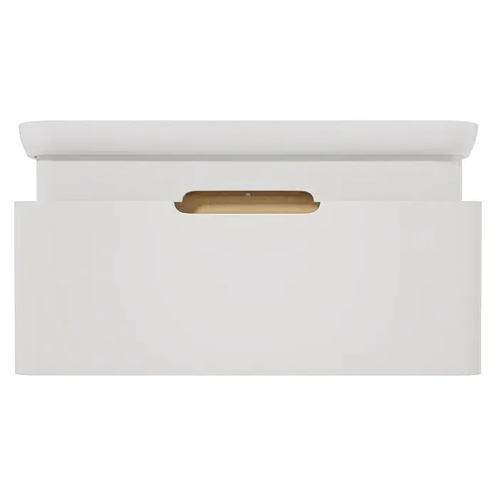 VitrA Sento Badmöbel-Set Sento - 98 cm, Weiß, Griffmulde - Teilweise geöffnete weiße Schublade mit Griffmulde, die ein hellbraunes Inneres zeigt.