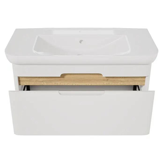 VitrA Sento Badmöbel-Set Sento - 98 cm, Weiß, Griffmulde - Weißer Badunterschrank mit integriertem Waschbecken. Die untere Schublade ist geöffnet und zeigt ein Holzpaneel darüber.