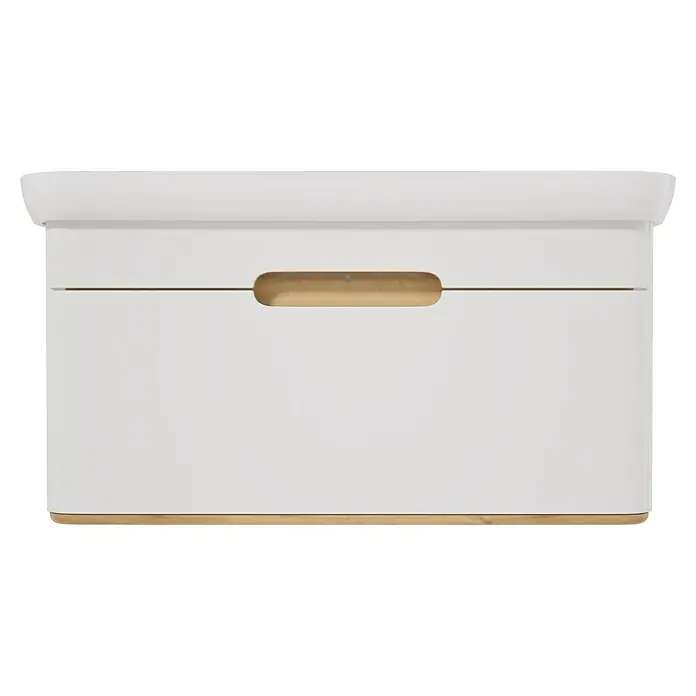 VitrA Sento Badmöbel-Set Sento - 98 cm, Weiß, Griffmulde - Weißer Aufbewahrungsbehälter mit horizontalem messingfarbenem Griff und passendem Sockel.