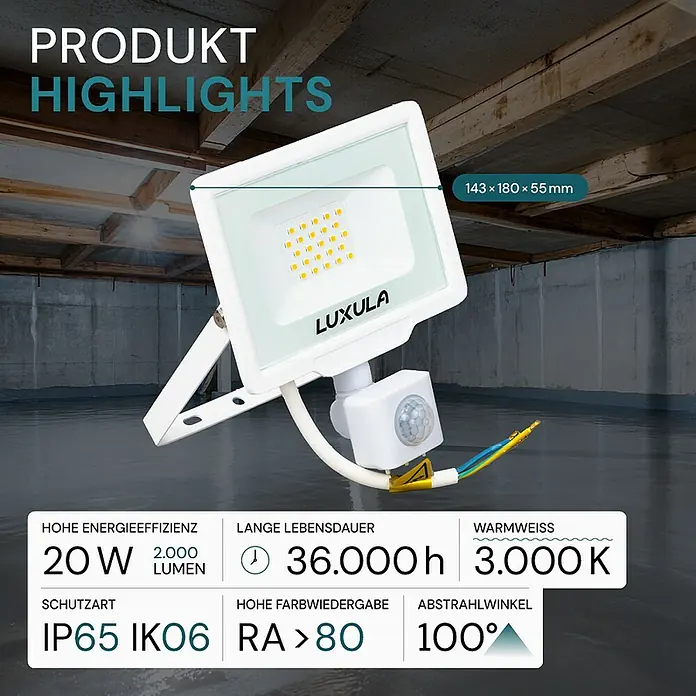 Luxula LED-Sensor-Strahler - 20 W, 2.000 lm, 3.000 K, L x B x H: 14,3 x 5,5 x 18 cm, IP65