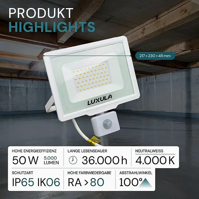 Luxula LED-Sensor-Strahler - 50 W, 5.000 lm, 4.000 K, L x B x H: 21,7 x 4,5 x 23 cm, IP65