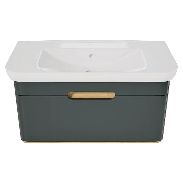VitrA Sento Badmöbel-Set Sento - 98 cm, Anthrazit, Griffmulde - Weißes Keramikwaschbecken auf dunkelgrauem Waschtischunterschrank mit Holzgriff und Holzsockel.