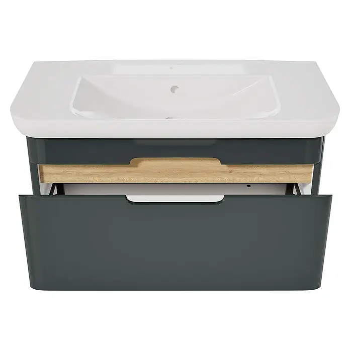 VitrA Sento Badmöbel-Set Sento - 98 cm, Anthrazit, Griffmulde - Dunkelgrauer Badunterschrank mit weißem integriertem Waschbecken und offener Schublade mit hellem Holz-Akzent.